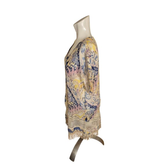 Chico's Linen Swim Cover Boho Tunic Top Dress Watercolor Fringe detail Sz S/M - Picture 3 of 5